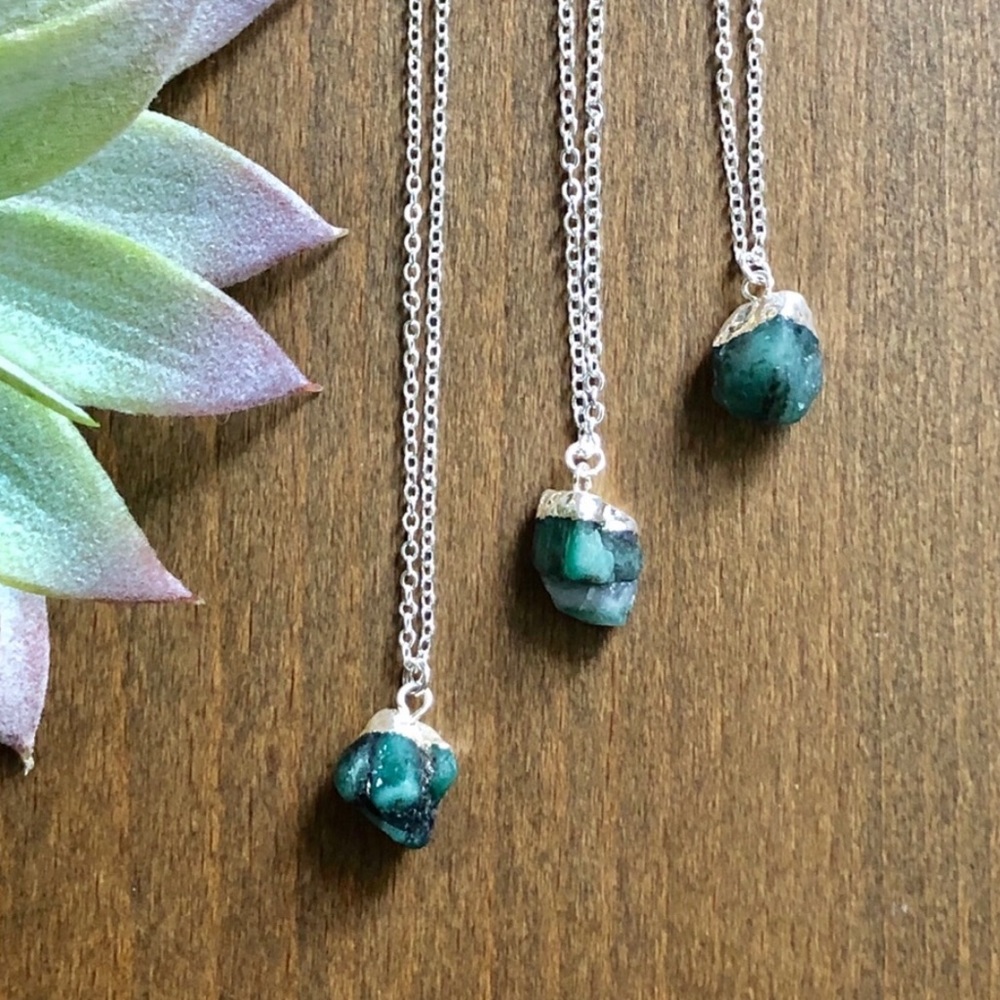 Raw Emerald Gemstone Silver Boho Necklace